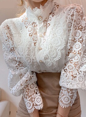 2022 All-match Women Lace Blouse Button White Top衬衫上衣女