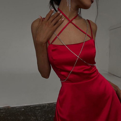 Solid halterneck crossover mini slip dress纯色迷你吊带连衣裙