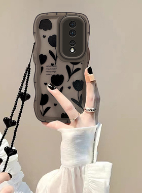 适用华为荣耀200Pro手机壳满屏黑花链条honor70pro+波浪边硅胶60P软全包100p防摔网红女80新曲屏50i透明90pro