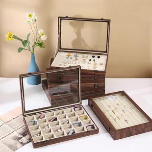 木纹皮防尘带盖珠宝箱大容量首饰收纳盒珠宝耳环盒戒指项链饰品盒