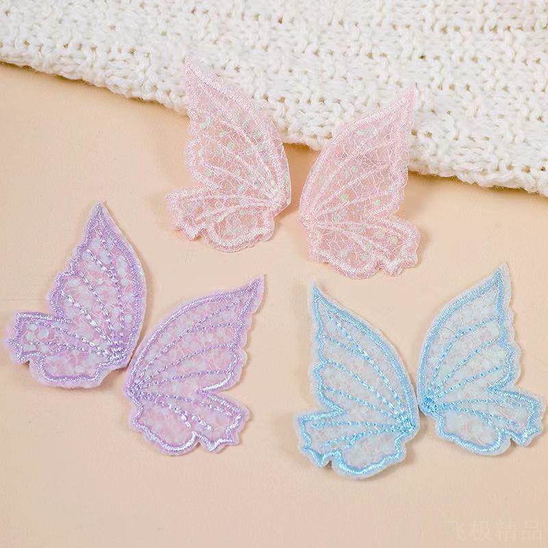 古风5*7cm蕾丝半翅蝴蝶花片夹镭射亮片刺绣翅膀贴片发饰手工