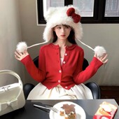 富家千金感穿搭红色羊毛针织开衫 shushu春晚同款 高级感毛衣女