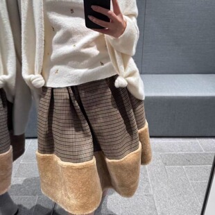 TE marchen复古针织格纹拼接毛呢半身裙时尚减龄撞色保暖褶皱短裙