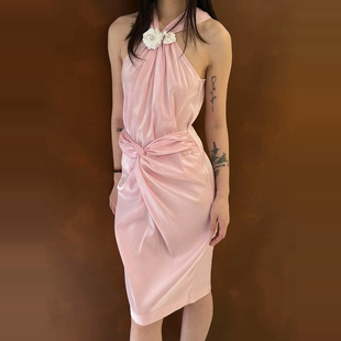 TE shushu虞书欣同款甜美气质连衣裙扭结立体花朵装饰收腰包臀裙