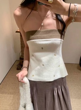 TE marchen正反两穿刺绣拼接抹胸上衣简约休闲温柔风叠穿羊毛背心