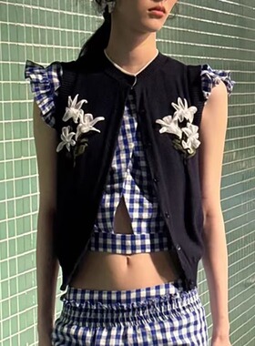 TE shushu张元英同款立体花朵装饰针织上衣时尚气质无袖开衫背心t