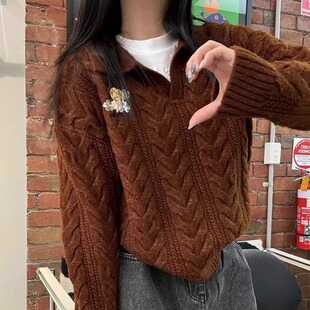 TE shushu气质甜美手工花朵装饰毛衣学院复古慵懒松弛感针织上衣