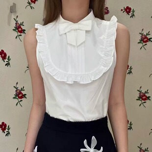 TE shushu时尚通勤叠穿百搭蝴蝶结衬衫塔克褶边装饰感无袖上衣女