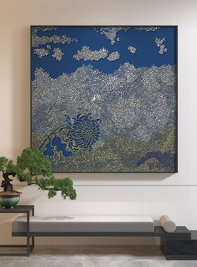 新中式客厅入户玄关装饰画蓝色菊花抽象个性走廊过道正方形挂画