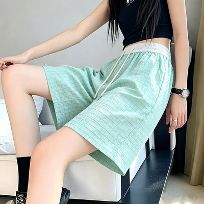 泡泡纱休闲裤女夏季薄高腰宽松直筒运动短裤显瘦五分中裤时尚潮流