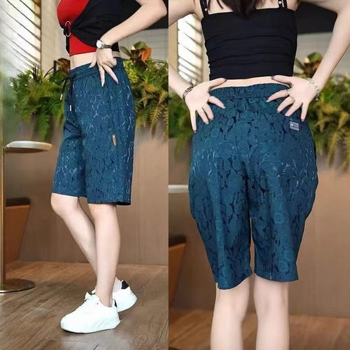 运动短裤女夏季薄款冰丝五分裤提花潮流显瘦中国风宽松直筒休闲裤