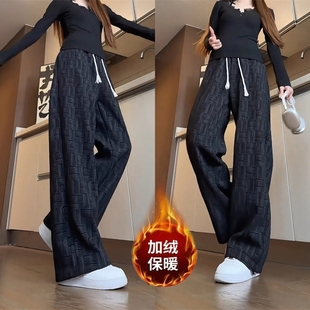 女冬季 扎染运动裤 加厚保暖灯芯绒大码 百搭休闲裤 子 新款 加绒直筒裤