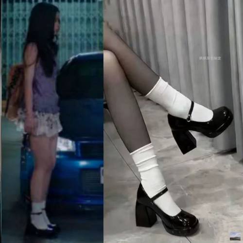 双轨姜暮虞书欣同款鞋子高跟鞋玛丽珍粗方头大码女浅口法式单鞋