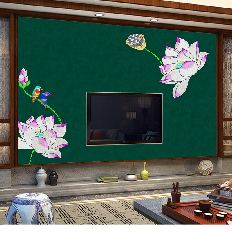 独绣新款艾意布新中式荷花画客厅电视沙发床头独秀壁画无缝壁布