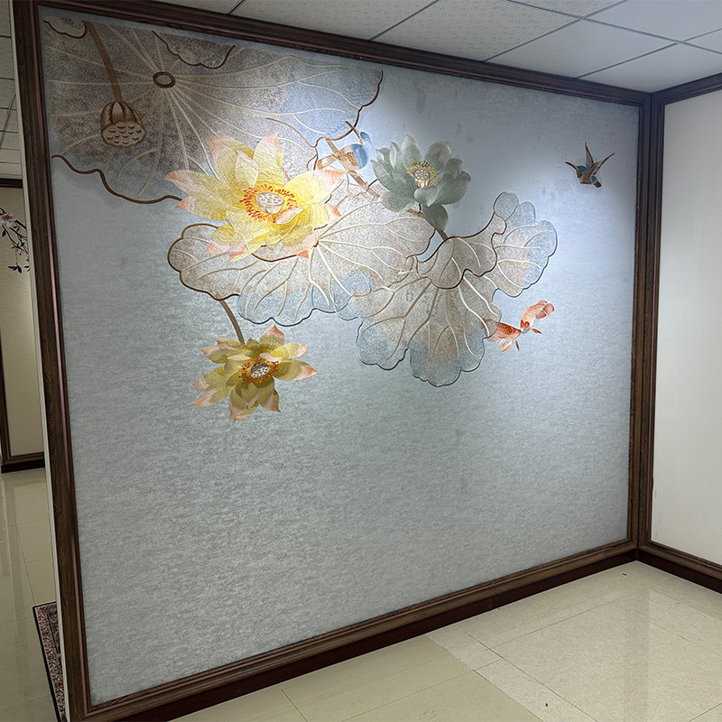 独绣刺绣无缝独秀荷花荷叶客厅电视沙发背景墙布新中式壁画言绣