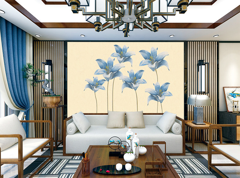 无缝独秀刺绣百合花现代新中式客厅沙发床头背景墙布新款壁画独秀
