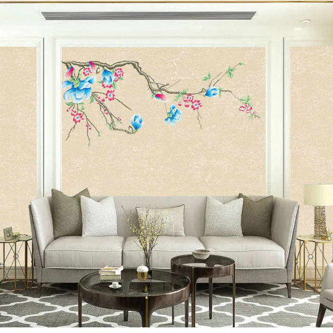 玉兰花无缝客厅花鸟刺绣墙布新品