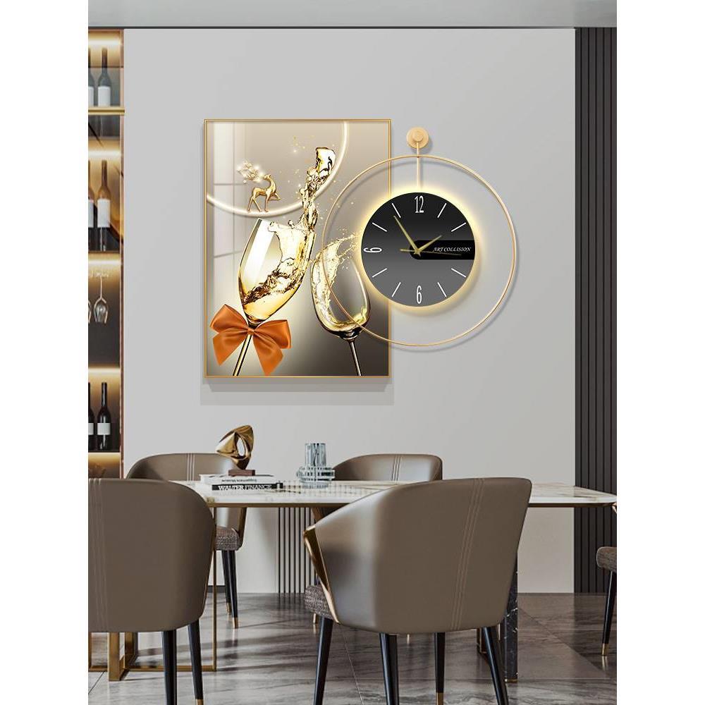 轻奢餐厅装饰画酒杯钟表时钟挂画led灯发光饭厅挂画挂表创意壁画
