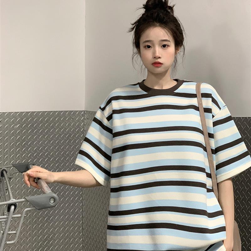 法式高级感多巴胺短袖棉t恤裙子女夏季条纹气质收褶连衣裙小个子