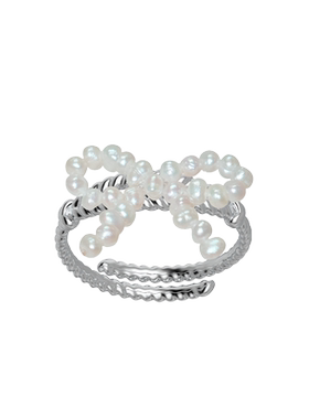 MARSEVEN 闪光派对系列珍珠蝴蝶结戒指S925银小众百搭开口戒指环