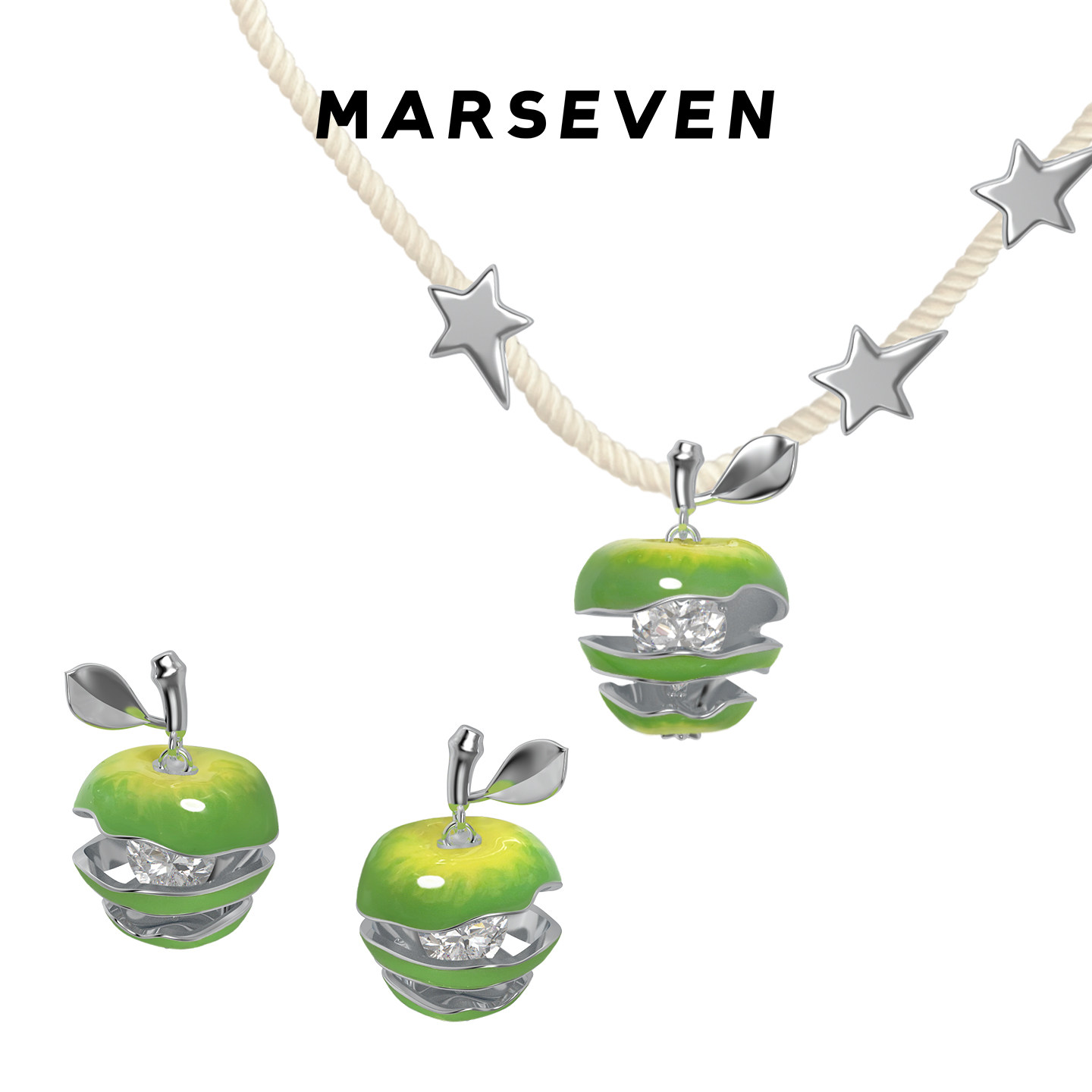 MARSEVEN 闪光派对系列绿苹果铃铛清新个性原创耳钉/项链套组2026