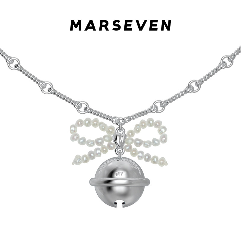 MARSEVEN 闪光派对系列珍珠蝴蝶结铃铛项链S925银链原创小众设计