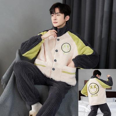 男款睡衣秋冬季法兰绒加厚加绒大童卡通学生男孩纽扣珊瑚绒家居服