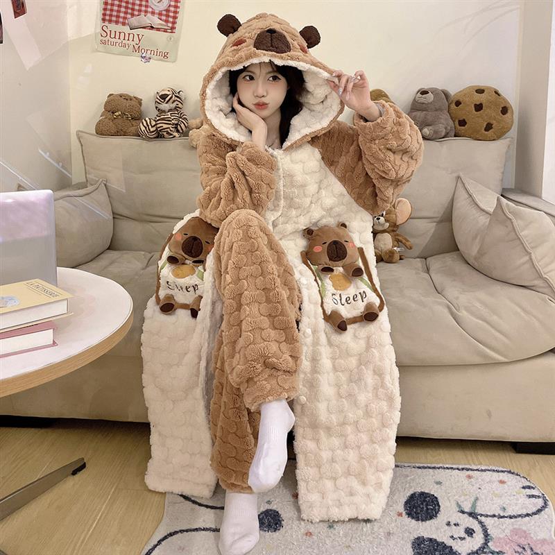 秋冬装亲子母女珊瑚绒睡衣女童加厚中大童卡通儿童宝宝睡袍家居服