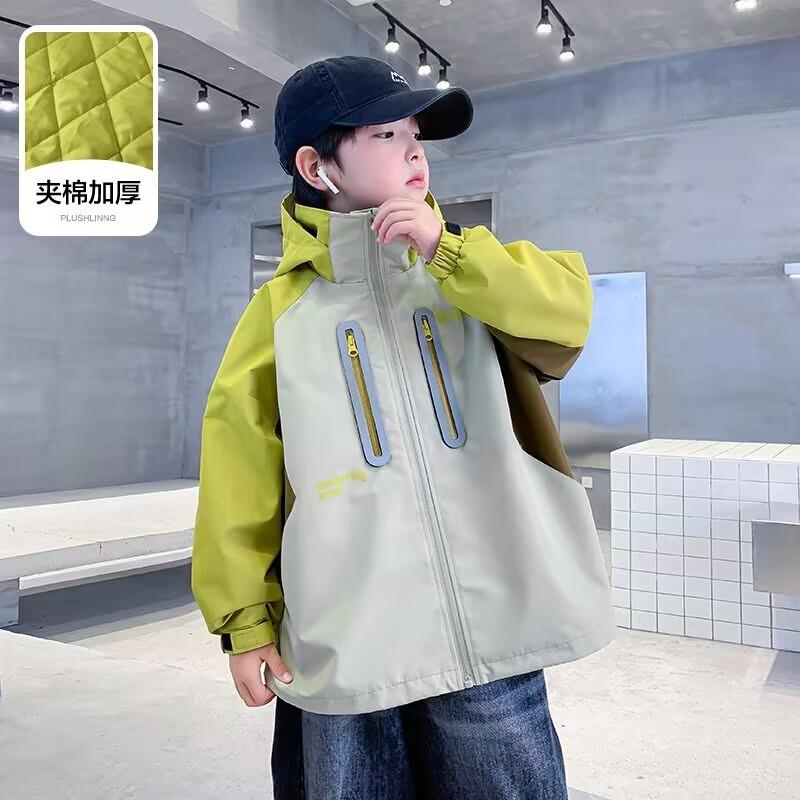 夹棉冲锋衣男童外套春季2025新款中大童帅气学生青少年春秋款夹克