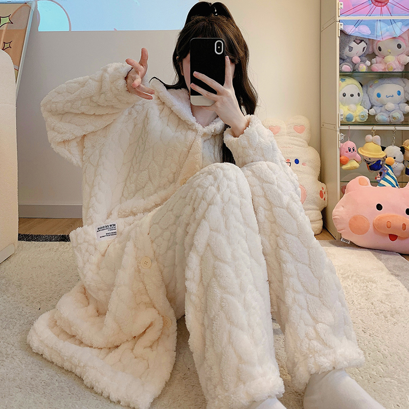 新款珊瑚绒睡衣女秋冬季睡袍长款带睡裤加绒加厚法兰绒家居服套装
