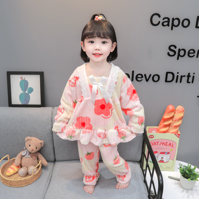保暖珊瑚绒儿童睡衣新款秋冬季中大童可爱卡通加厚女童家居服套装