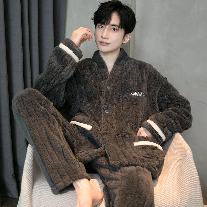 2024新款睡衣男冬季珊瑚绒条纹提花开衫V领法兰绒简约字母家居服