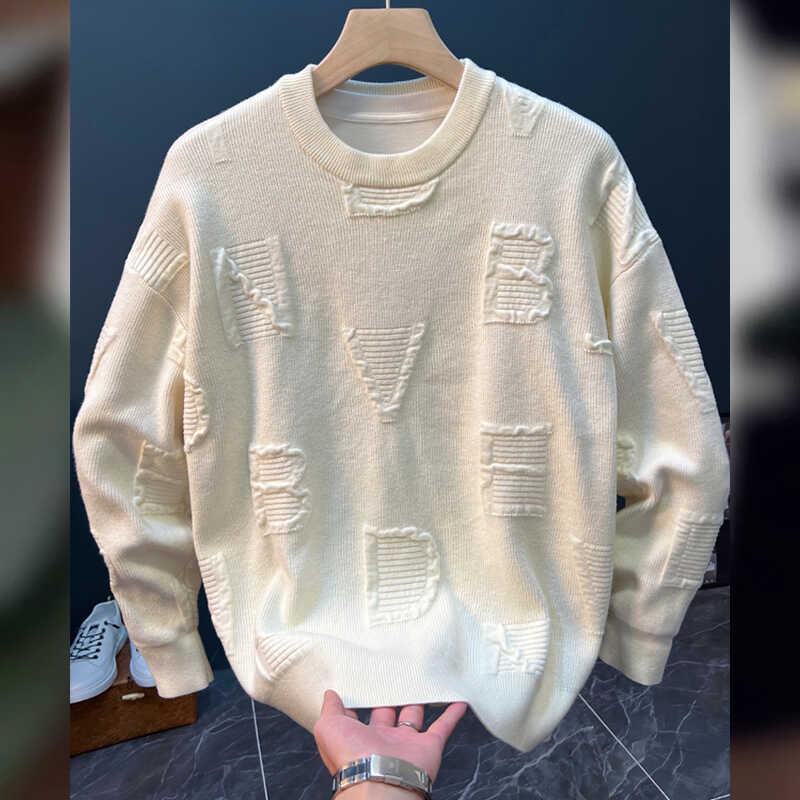 2024秋季新款套头慵懒针织上衣潮男保暖圆领宽松打底字母提花毛衣