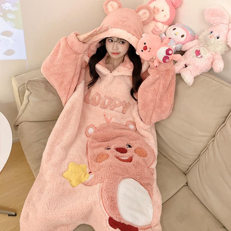 2025新款儿童连体睡衣女童秋冬季珊瑚绒加厚女孩大童初中生家居服