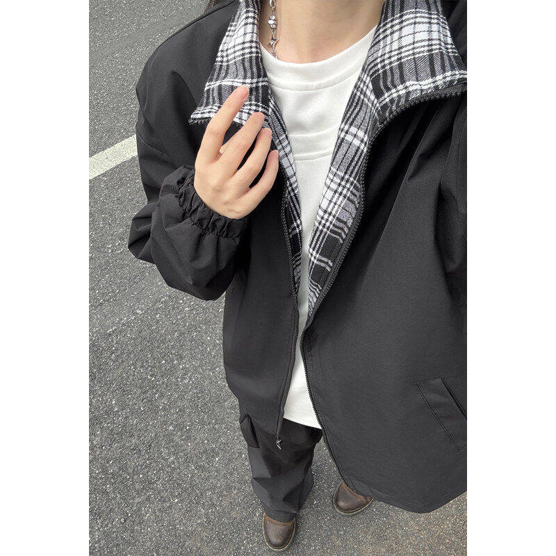 黑色拼接格子外套男春秋款高级感立领工装夹克美式短款情侣棒球服