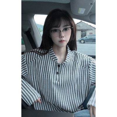 鱼骨纹美式亨利领卫衣男款秋季重磅千鸟格长袖t恤polo内搭打底衫