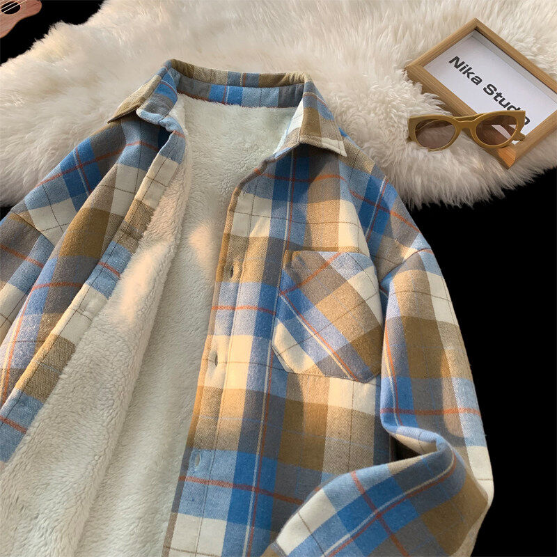 加绒衬衫男秋冬季保暖格子长袖衬衣2024新款男生复古宽松休闲外套