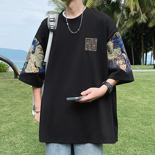 国风短袖T恤男款夏季新中式潮流刺绣重磅大码宽松圆领落肩五分袖