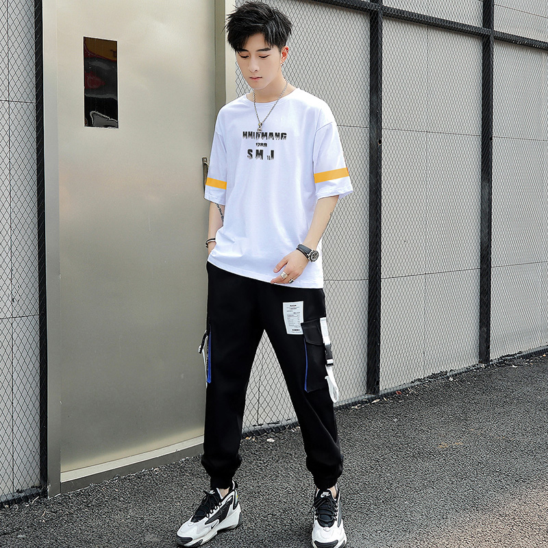 干净男生通勤穿搭休闲套装男夏季短袖纯棉直筒九分休闲裤原创时尚