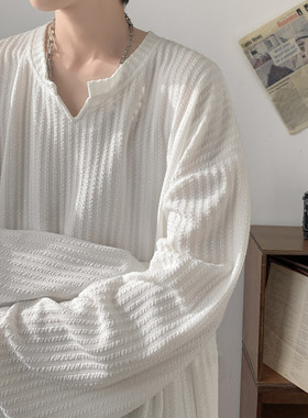 白色卫衣V领长袖T恤男重磅美式高级感亨利领宽松内搭打底衫春秋季