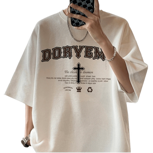 十字架华夫格t恤男夏季美式重磅短袖潮牌胖子大码青少年五分体恤