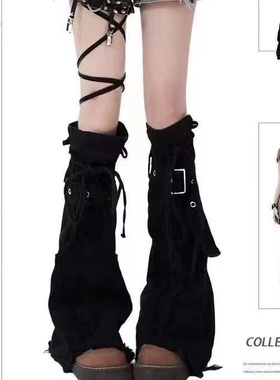 辣妹高街黑色牛仔腿套女生穿搭显瘦十字架设计感靴套喇叭袜套潮牌