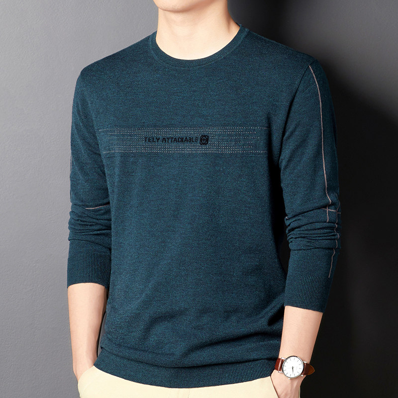 圆领针织衫毛衣男士春秋薄款潮流宽松长袖t恤中年内穿打底衫上衣