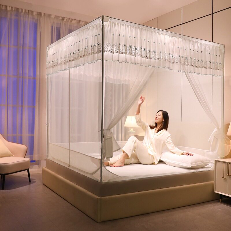 *双层花边蚊帐U型外穿杆拉链坐床式蚊帐三开门方顶宫廷双人家用
