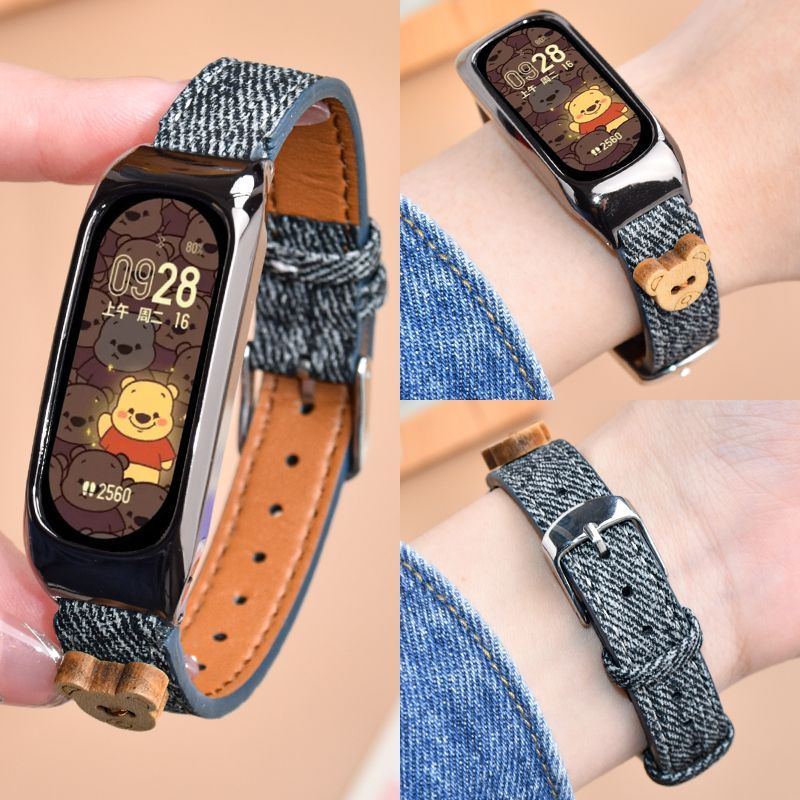 适用OPPOband表带新款皮质牛仔小熊智能手环运动版时尚活力版腕带