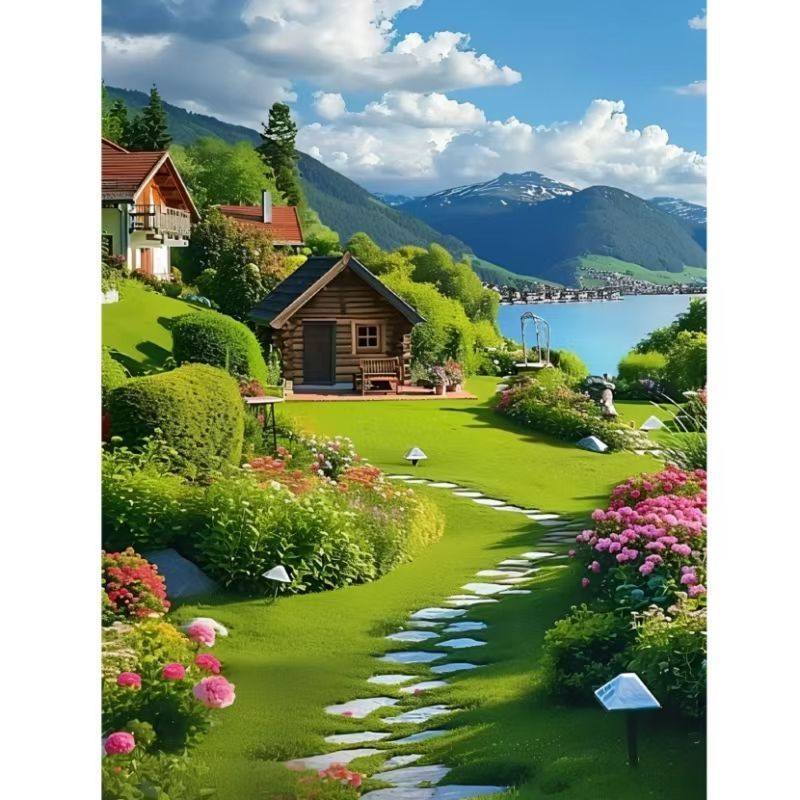 高清治愈系田园风光木屋小桥流水自粘墙贴画客厅玄关直播背景贴纸