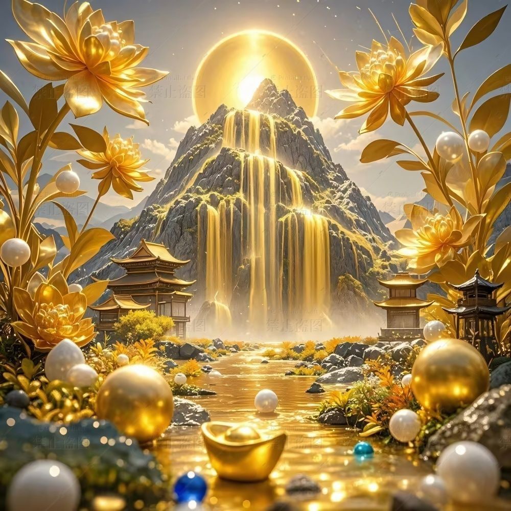 日照金山流水生财招财进宝玄关自现代装饰画