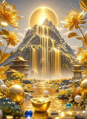 日照金山流水生财招财进宝玄关自粘装饰画室内客厅办公室走廊墙贴