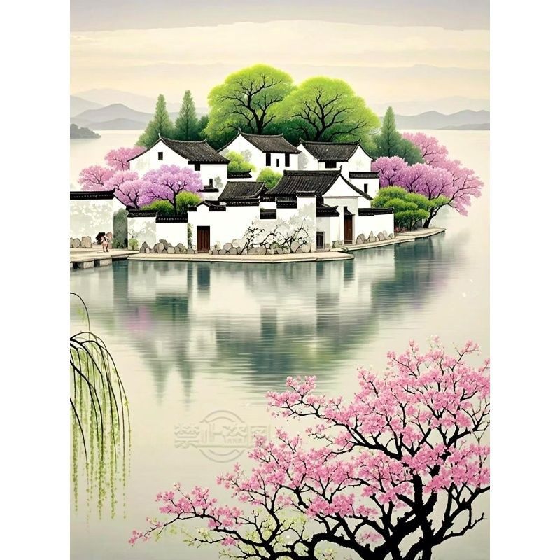 国风春日桃花世外桃源治愈系风景贴画自粘墙贴卧室客厅餐厅装饰画