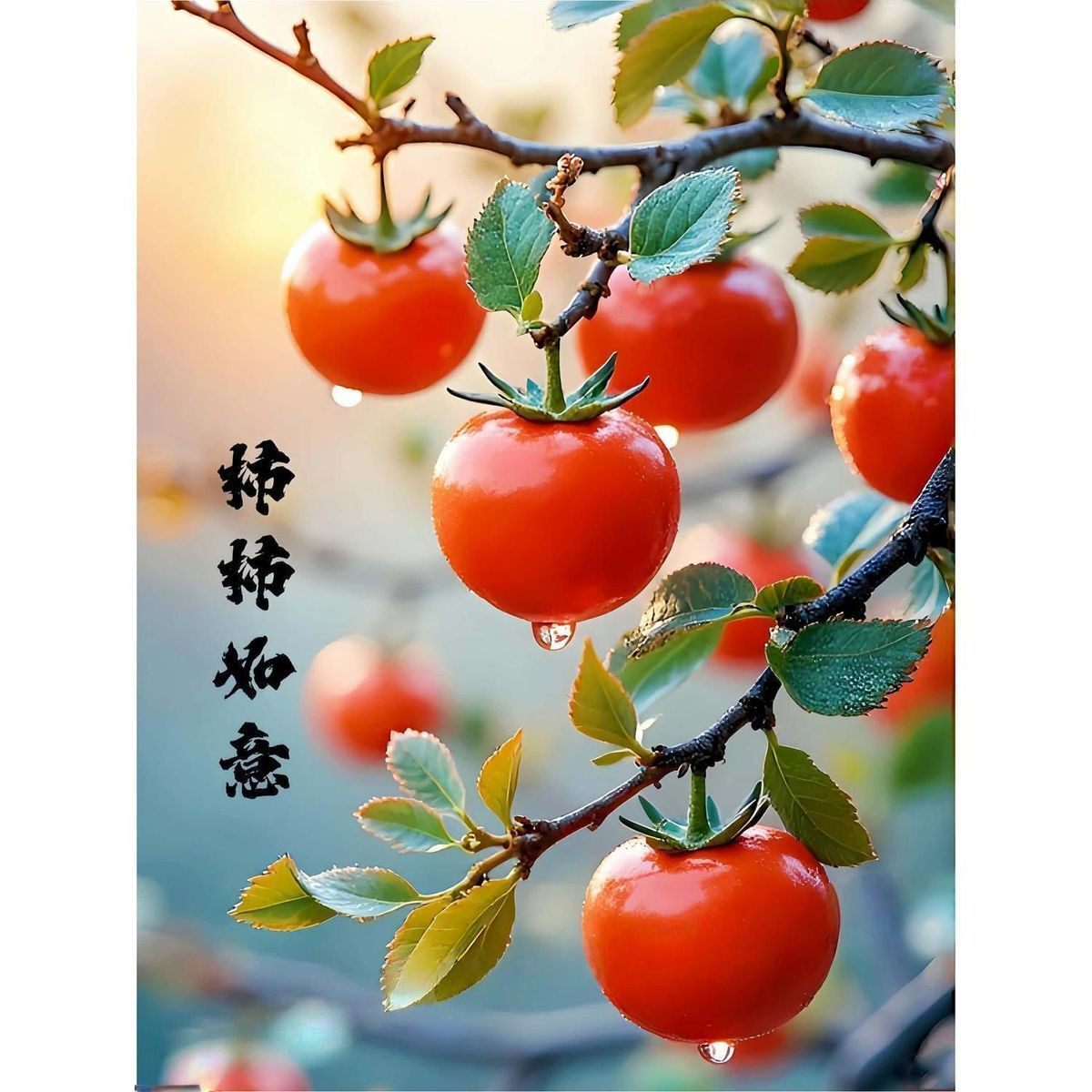 高清新款柿柿如意好事连连招财喜庆自粘墙贴客厅卧室餐厅贴纸壁画
